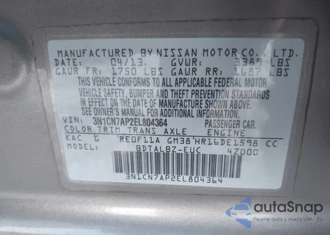 2014 Nissan Versa 1.6 Sv z USA, uszkodzony, nr VIN 3N1CN7AP2EL804364